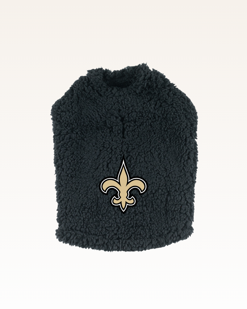 black sherpa pet jacket with new orleans saints logo