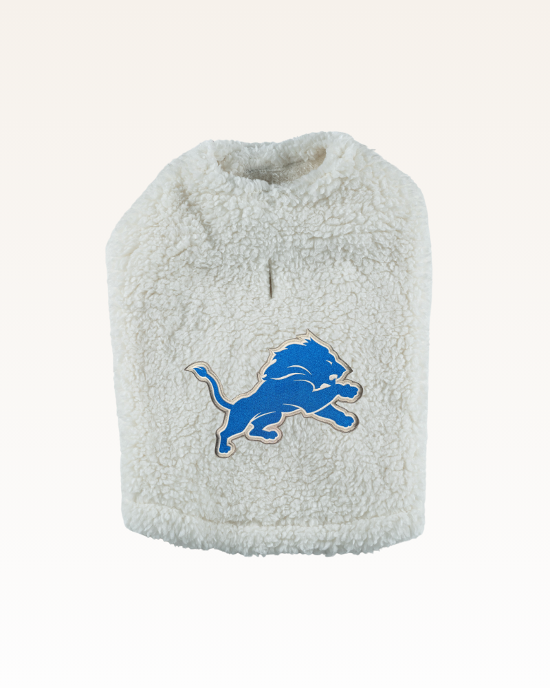 white sherpa pet jacket with detroit lions logo