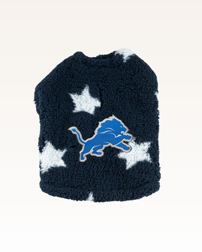 navy with stars sherpa pet jacket with detroit lions logo