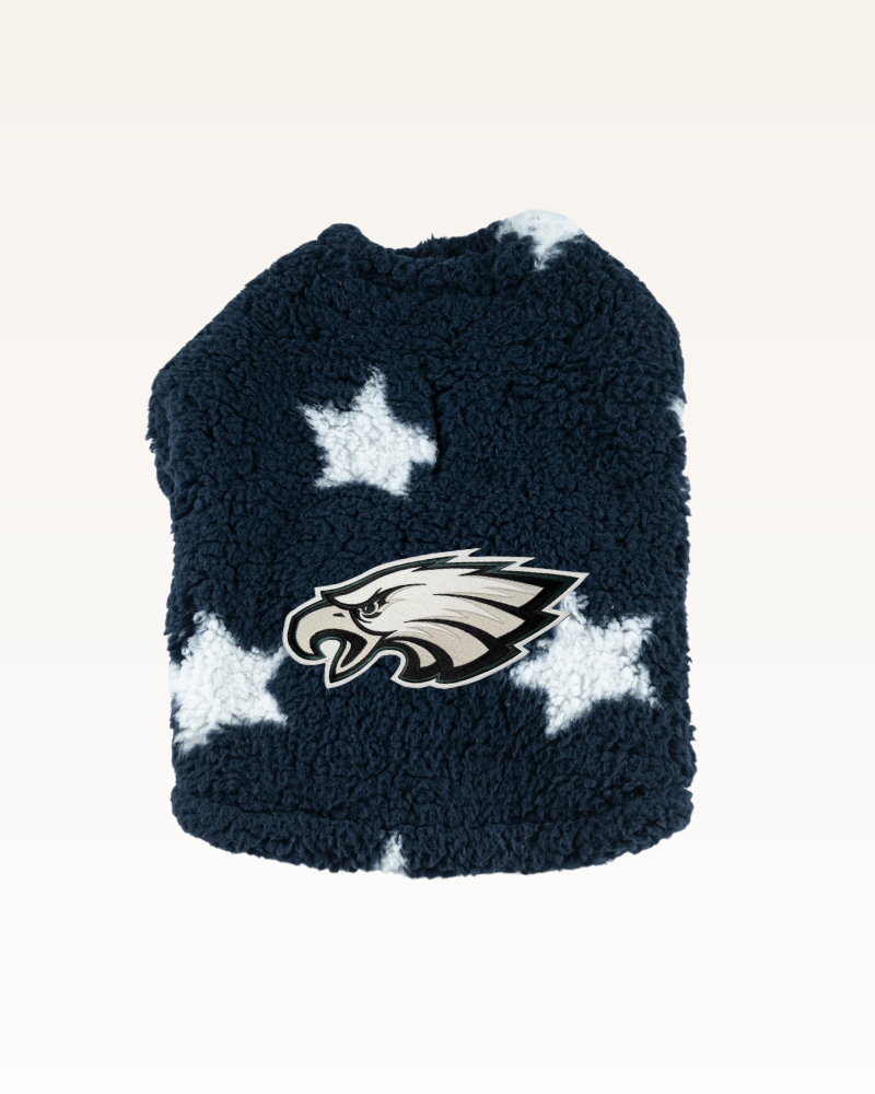navy with star sherpa pet jacket with Philadelphia eagles logo