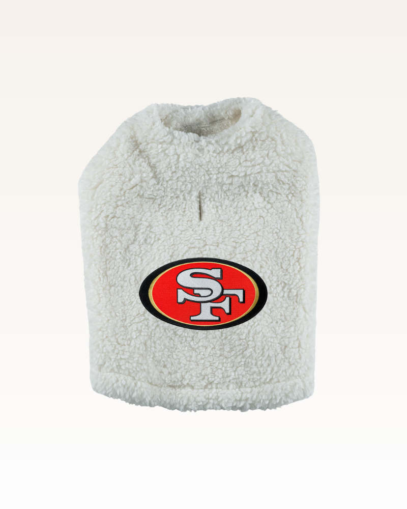 white sherpa pet jacket with San Francisco 49ers logo
