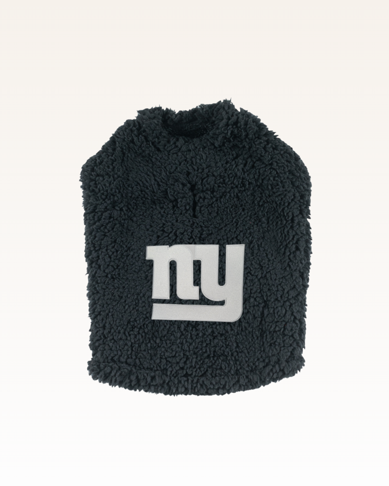 black sherpa pet jacket with white New York giants logo
