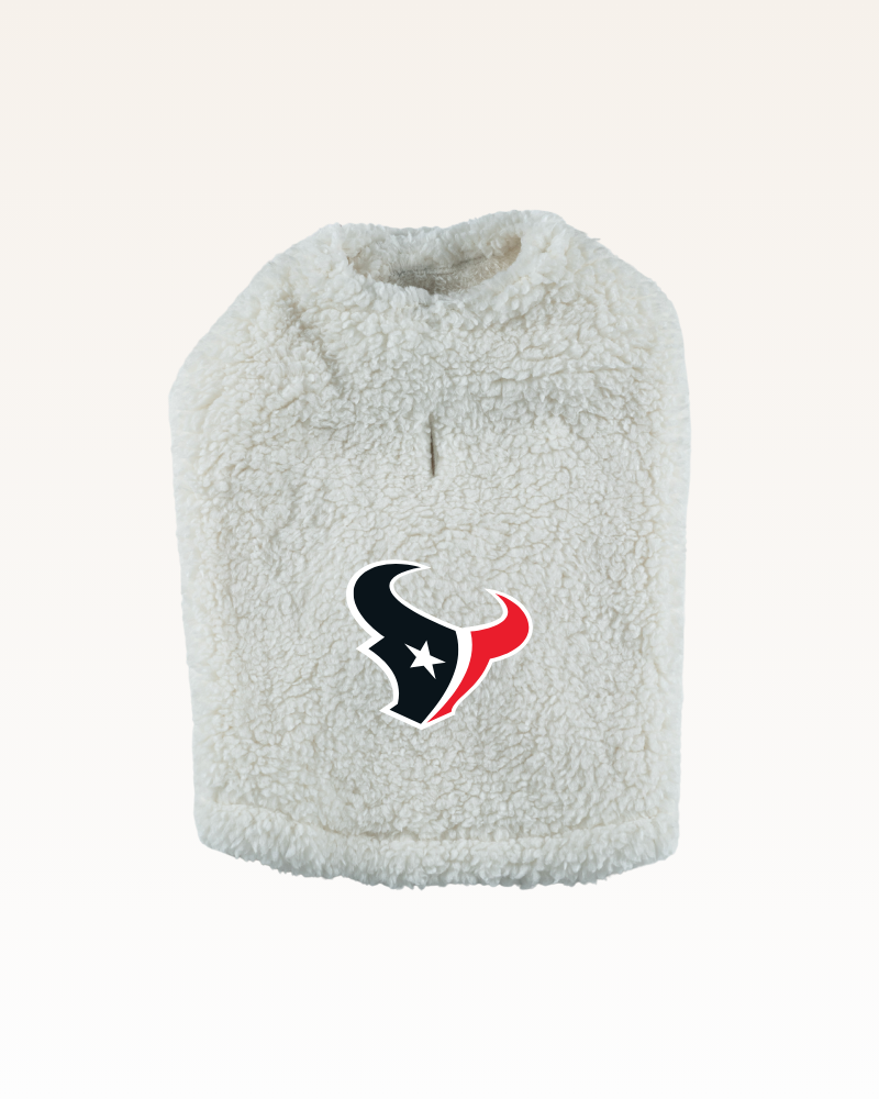 white sherpa pet jacket with houston texans logo