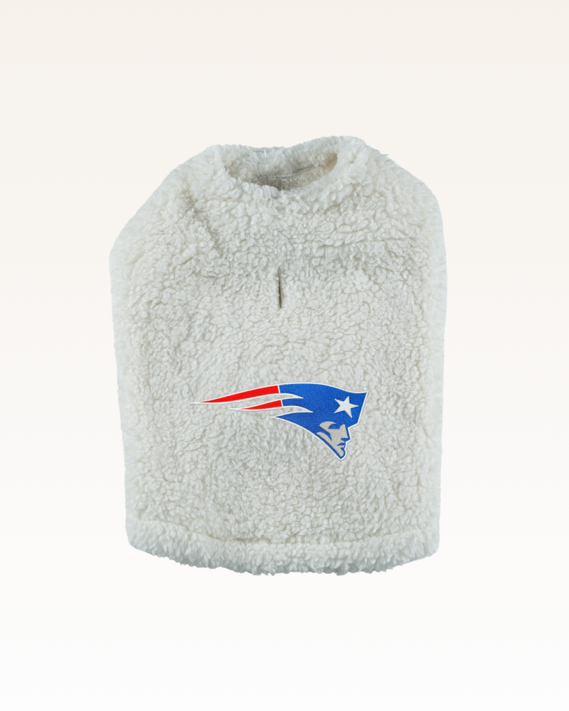 white sherpa pet jacket with new england patriots logo