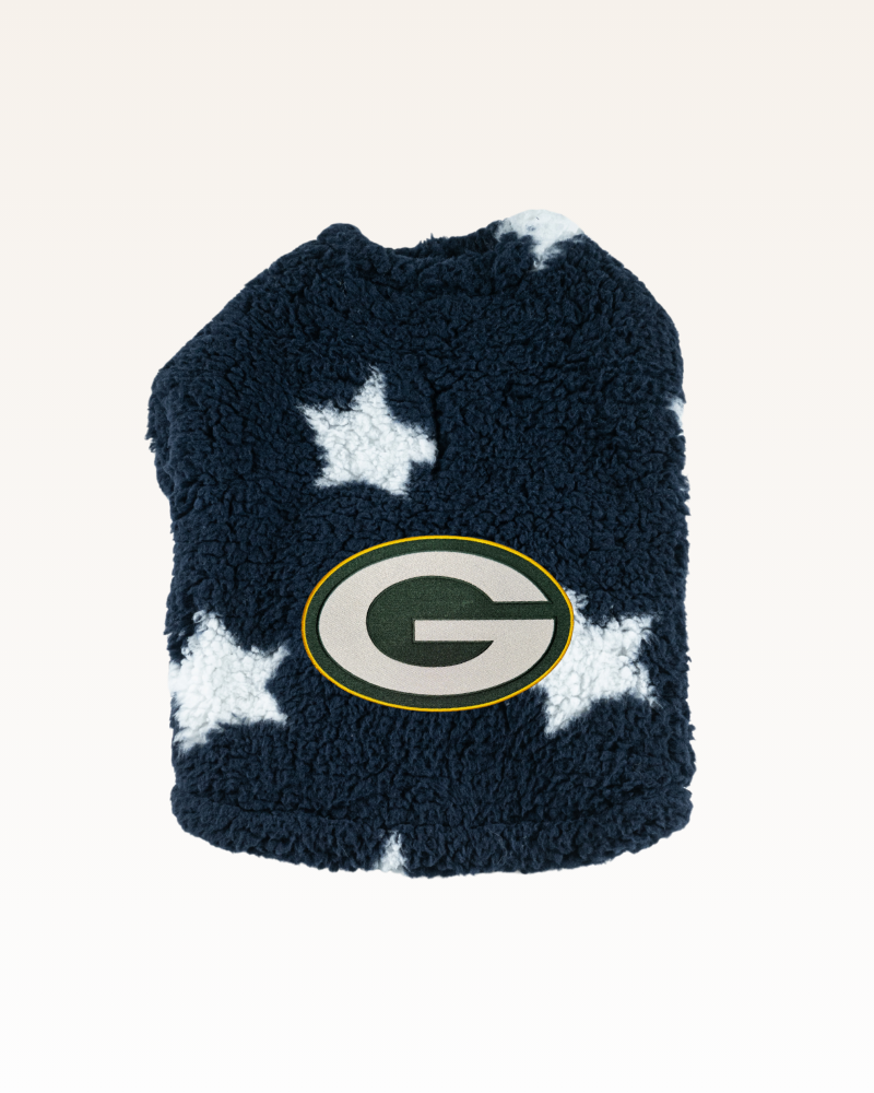 navy with stars sherpa pet jacket with green bay packers logo