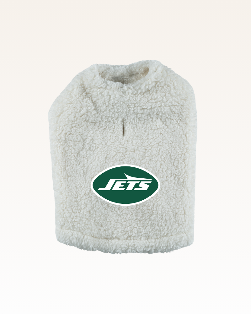 white sherpa pet jacket with new york jets logo
