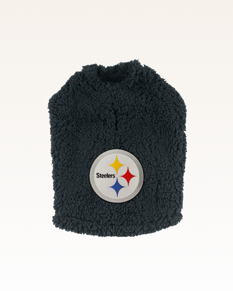 black sherpa pet jacket with Pittsburg steelers logo