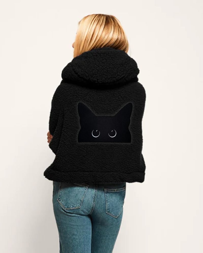 Beth's Furry Friends Black Cat Logo Cropped Sherpa Lounger Jacket - Black