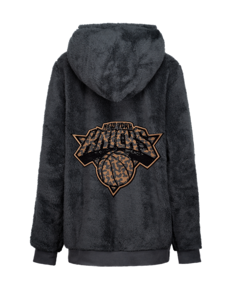 Black hoodie with a bedazzled cheetah new york knicks logo on the back against a white background