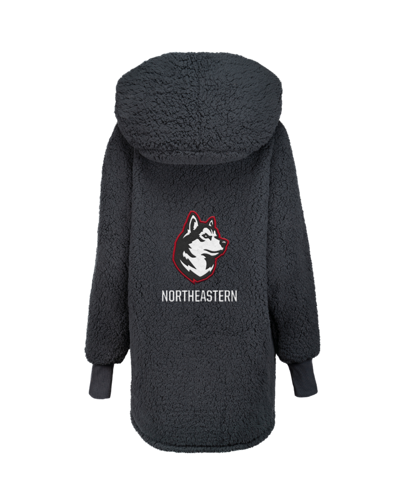 black lounger with a logo and text on the back against a white background