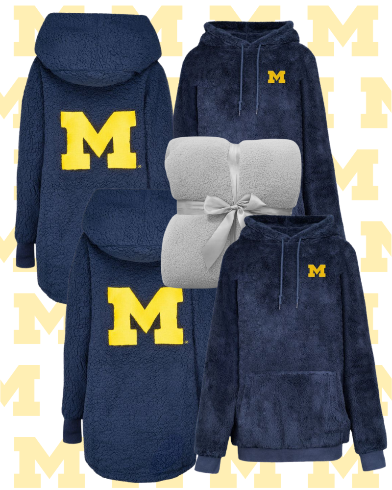 Navy blue hoodies with yellow 'M' logo on a background with repeated 'M' pattern