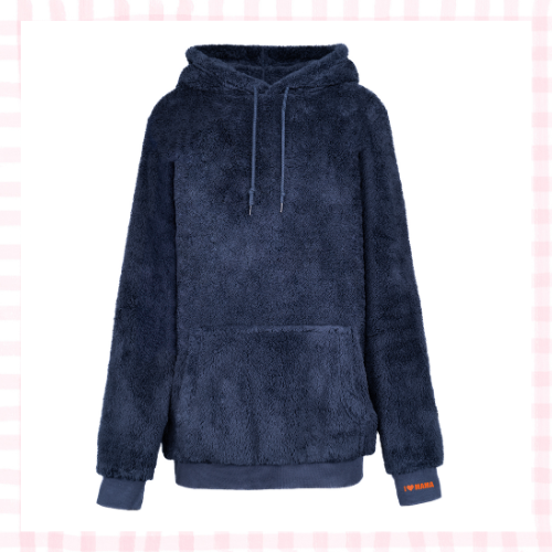 Navy sherpa sweatshirt with 'I <3 Mama' stitched in delicate thread on the cuff.
