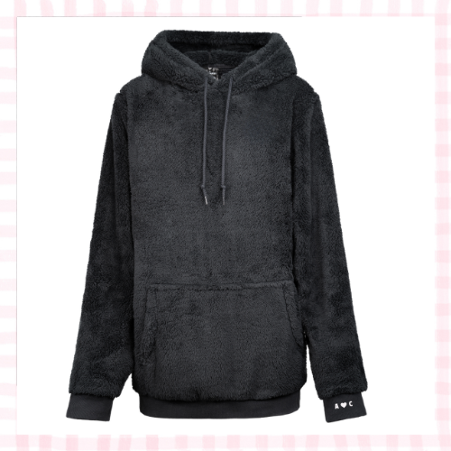 Black sherpa sweatshirt with 'A <3 C' embroidered in delicate thread on the cuff.