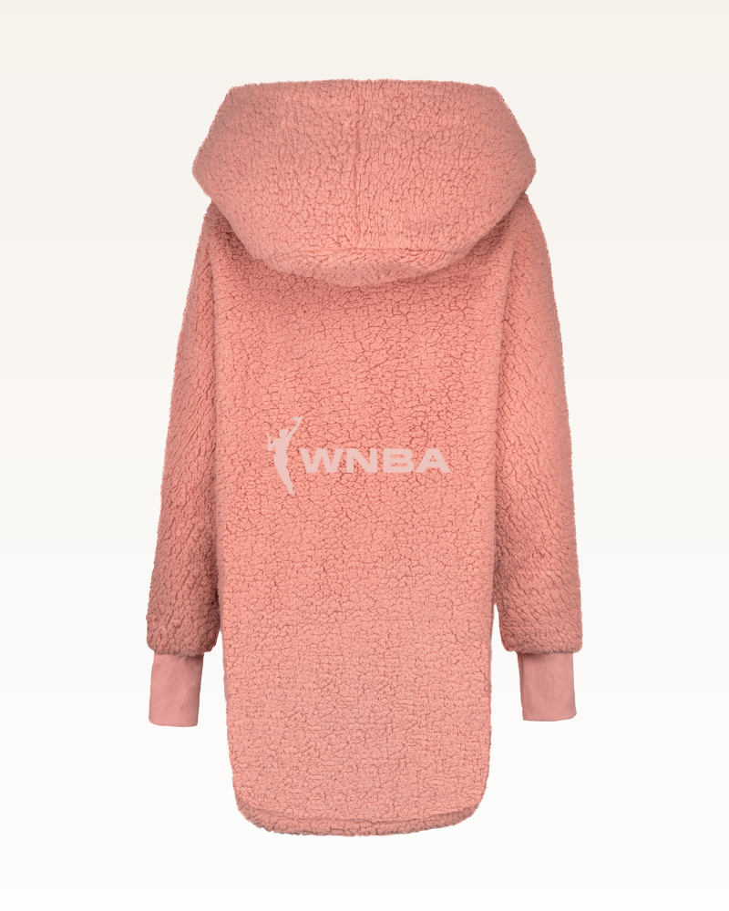 Pink fleece jacket with a hood on a white background, featuring the WNBA logo.
