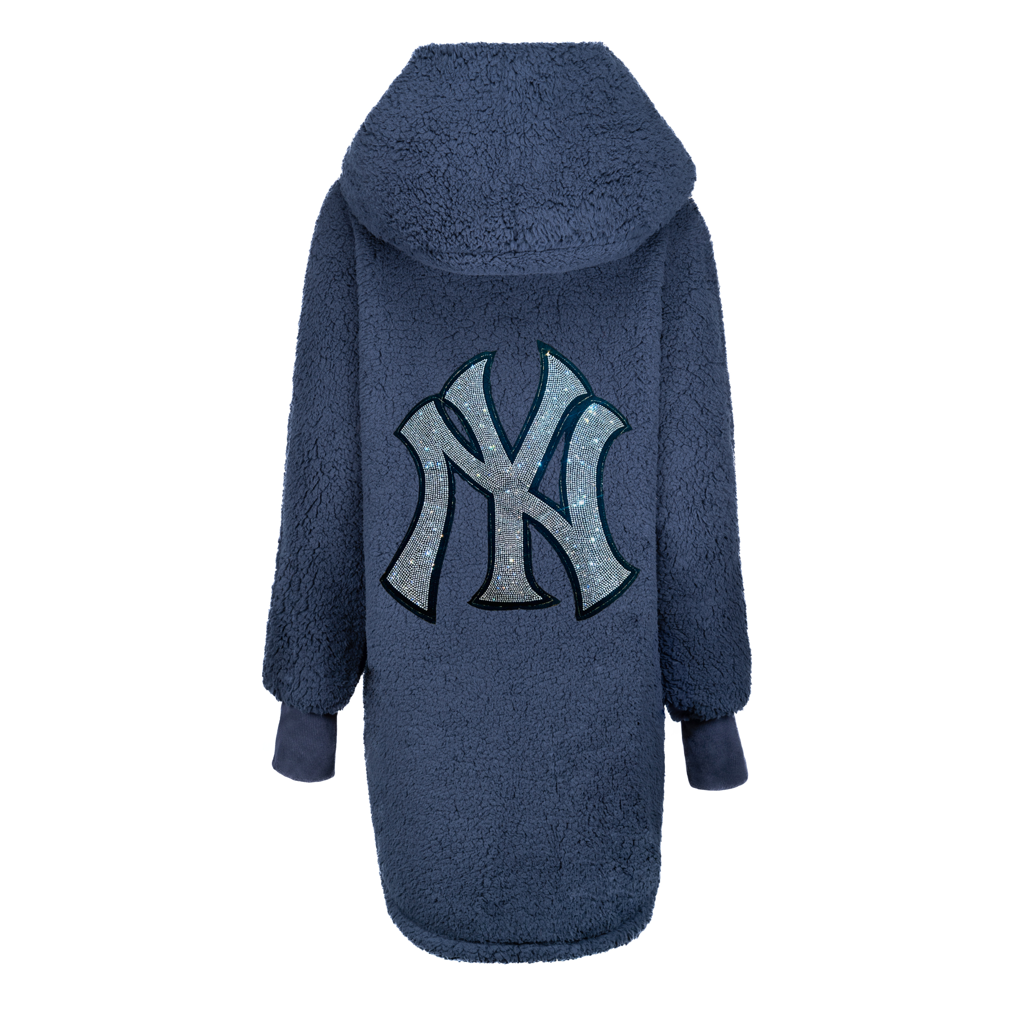 Navy blue sherpa lounger featuring a hood and cuffed sleeves, with a large, bedazzled New York Yankees logo in silver and blue prominently displayed on the back.