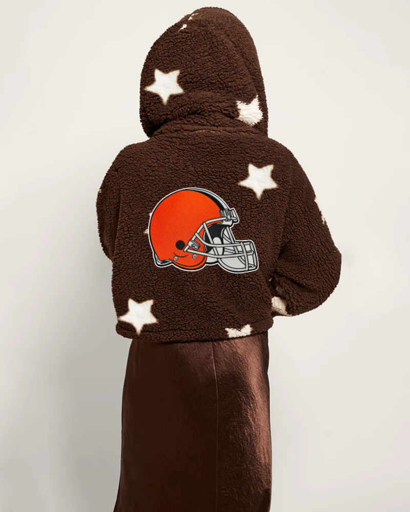 person wearing brown with white stars cropped lounger with Cleveland Browns logo