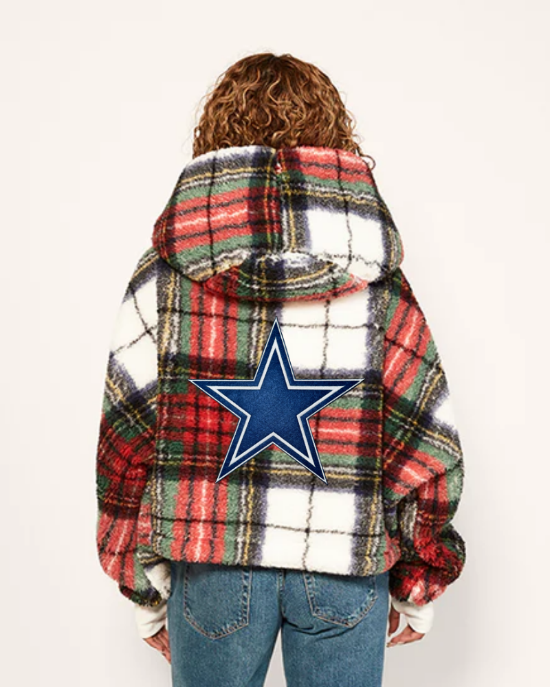 person wearing plaid cropped lounger with dallas cowboys logo