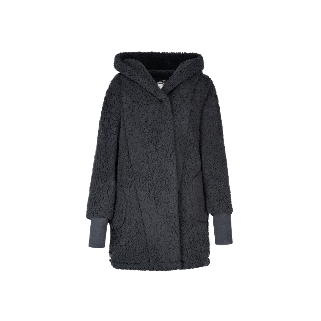 An oversized black hooded lounger with thumbhole cuffs and a button front closure.