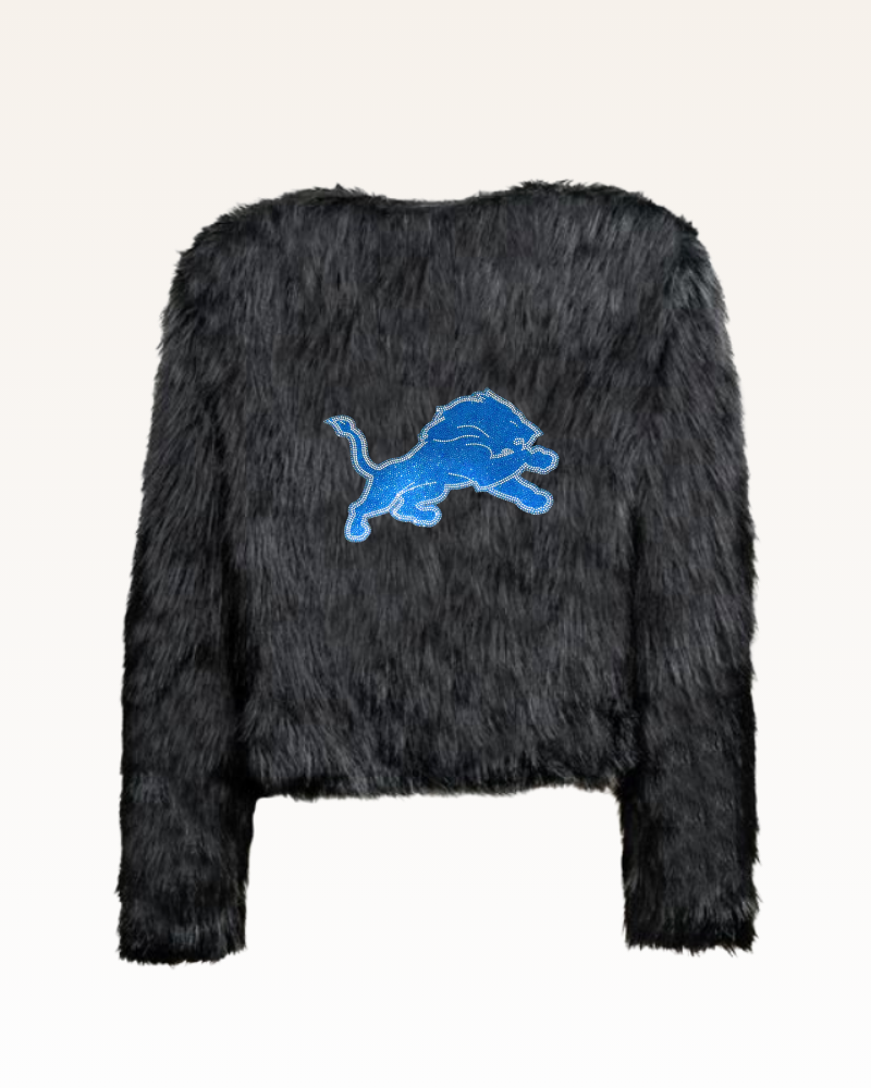 black faux fur jacket with blue detroit lions logo