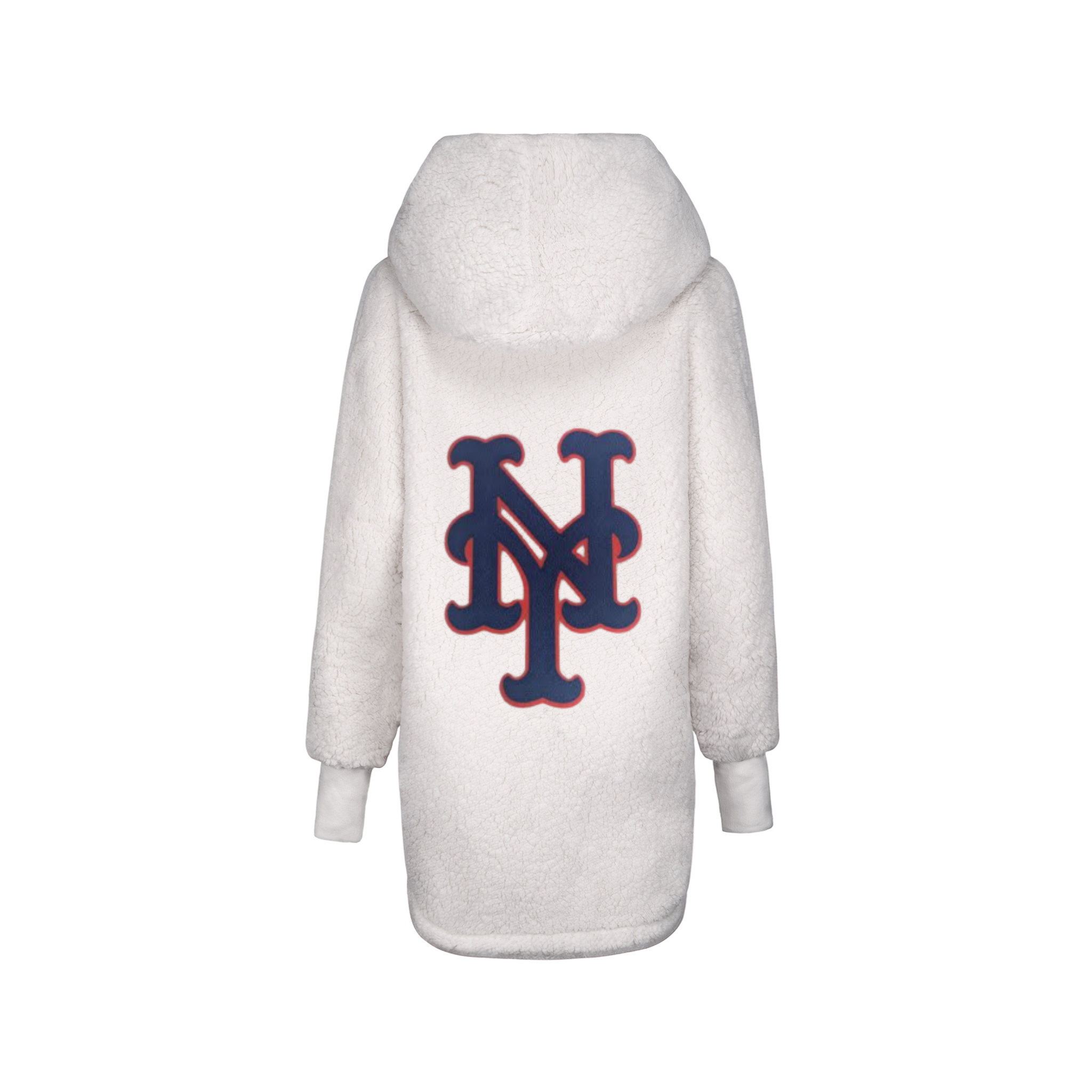 white oversized sherpa lounger with oversized chenille ny mets logo on the back. Hooded. Thumbholes.
