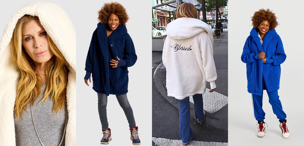 Christmas gifts for grandma from Jill Martin: an ivory Sherpa Lounger with the hood up, a navy Lounger, the Mantra Lounger with Blessed on the back and a sailboat blue Lounger.