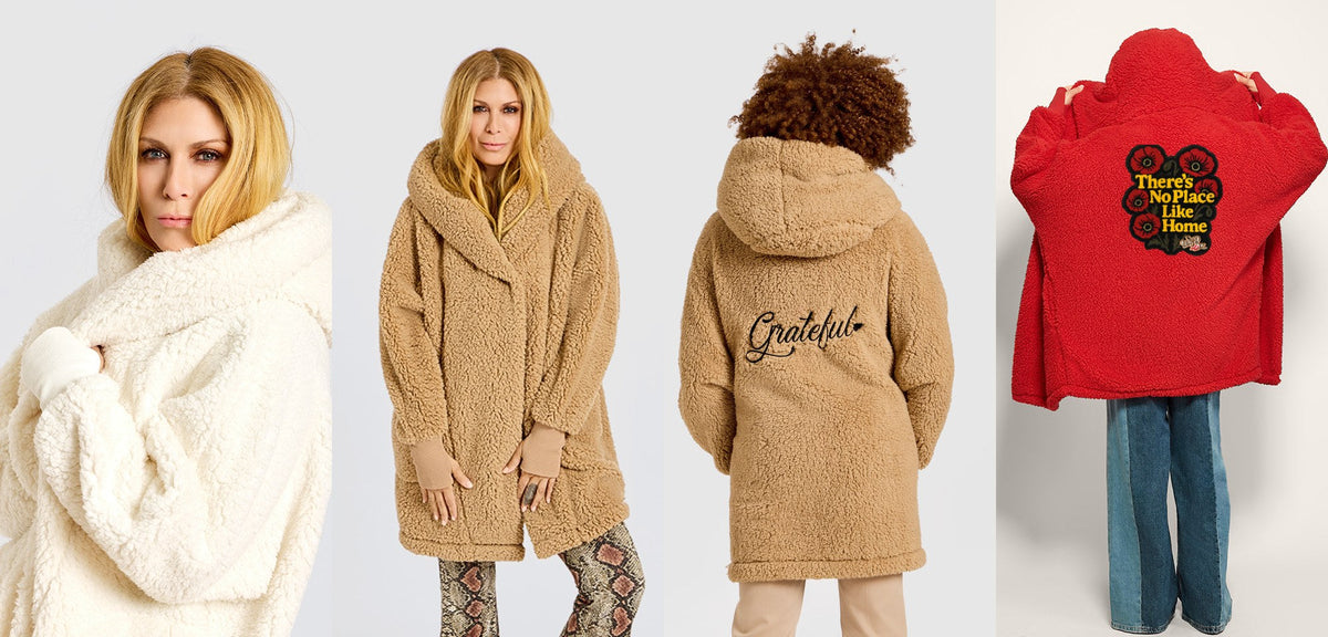 Christmas gifts for mom from Jill Martin: Sherpa Loungers in ivory and caramel teddy, the Mantra Lounger with Grateful stitched on the back, and the red Wizard of Oz Lounger with a There's No Place Like Home patch.