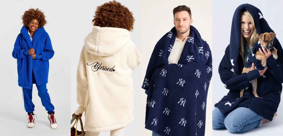 Hanukkah gifts by Jill Martin: the Sailboat Blue Classic Lounger, the Mantra Lounger with Blessed on the back, the Yankees midnight blue sherpa throw, and a dog in the Navy Star sherpa pet jacket.