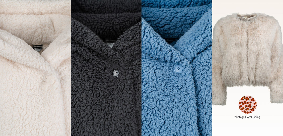 How to wash sherpa: close-ups of Jill Martin sherpa in ivory, black and faded denim with button fronts, and a white faux fur jacket with a vintage floral lining.
