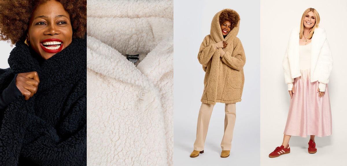 Jill Martin sherpa up close and worn: a black Sherpa Lounger, ivory sherpa texture with a button front, a caramel teddy Lounger and a white cropped Lounger.