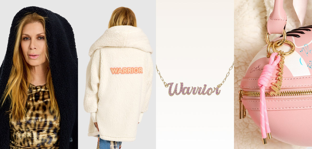 The Warrior Effect™ by Jill Martin: Jill in the black bedazzled logo Sherpa Lounger, the ivory chenille Lounger with WARRIOR on the back, the Warrior Necklace in pink stones, and the Warrior Bag Charm.