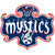 Washington Mystics logo featuring stylized white text on a dark blue background with red accents, ornate swirls, and a basketball with a mystical symbol above it.