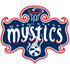 Washington Mystics logo featuring stylized white text on a dark blue background with red accents, ornate swirls, and a basketball with a mystical symbol above it.