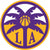 A circular logo with purple palm trees, a basketball in the center, and the letters LA at the bottom, all set against a gold and white background.