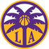 A circular logo with purple palm trees, a basketball in the center, and the letters LA at the bottom, all set against a gold and white background.