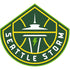 Seattle Storm logo featuring the Space Needle with a green lightning bolt at its base, set against a basketball background and bordered by the team name in bold white letters.