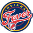 The Indiana Fever logo features Fever in red script over a blue circle with yellow and red outlines, Indiana in yellow, and a red, white, and blue basketball at the bottom left.