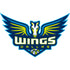 Dallas Wings logo featuring a stylized blue and yellow winged horse above the word Wings in bold letters, with Dallas written below and a small basketball at the bottom.