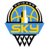 The Chicago Sky logo features a basketball, a city skyline with a tall building, and the word SKY in bold yellow letters on a blue background, with black and white accents.