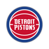 Red and white basketball logo with Detroit Pistons text in the center, surrounded by a blue and gray circular border.