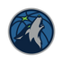 A stylized depiction of a wolf howling, set against a dark blue circular background resembling a basketball. A green star is above the wolfs head, and the design is bordered by a gray circle.