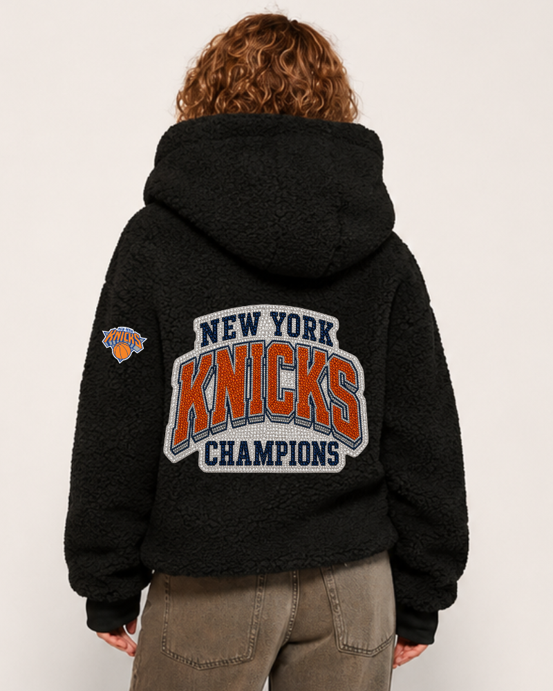 New York Knicks 2026 NBA Champions Bedazzled Remix Logo Cropped Sherpa Lounger Jacket - Black