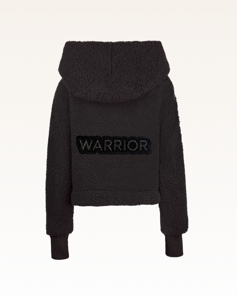 Black fleece jacket with 'WARRIOR' patch on the back against a white background