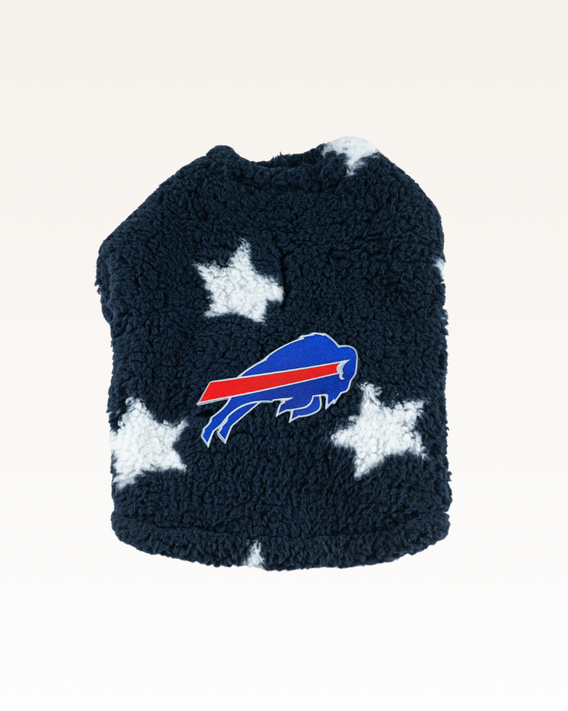 navy with stars sherpa pet jacket with red and blue buffalo bills logo