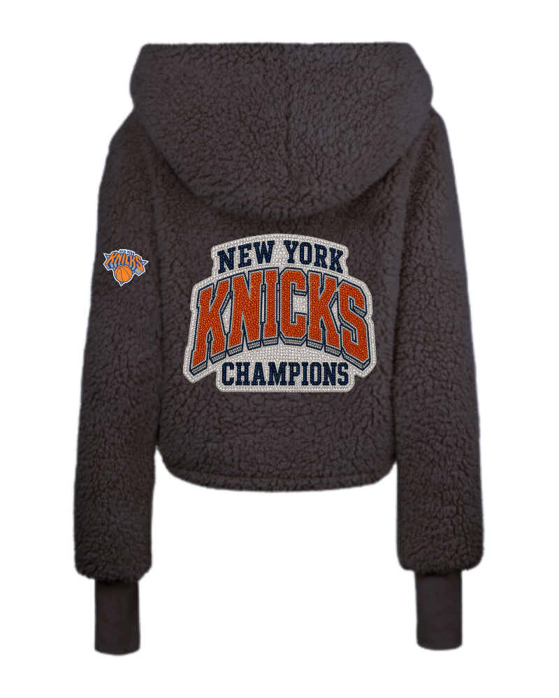 Dark gray fleece jacket with New York Knicks logo on a white background