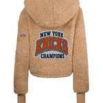 New York Knicks 2026 NBA Champions Bedazzled Remix Logo Cropped Sherpa Lounger Jacket - Caramel Teddy
