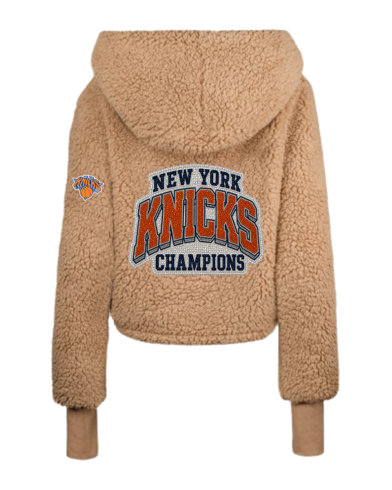 New York Knicks 2026 NBA Champions Bedazzled Remix Logo Cropped Sherpa Lounger Jacket - Caramel Teddy