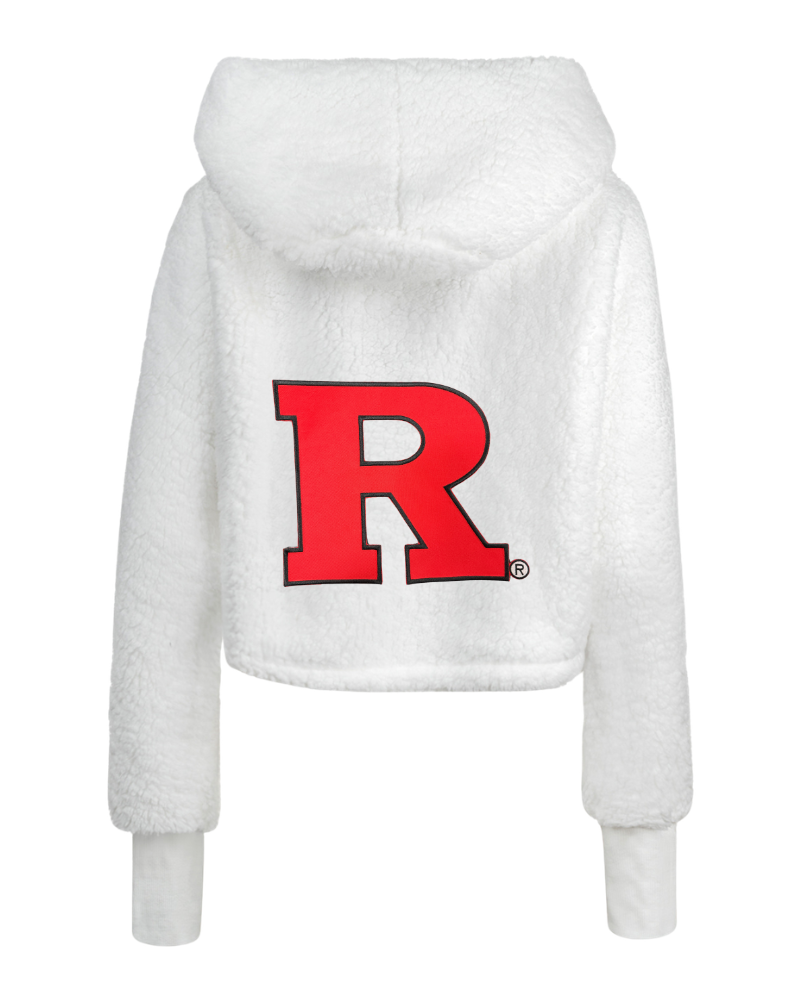 A white sherpa fleece cropped hoodie with a large red letter 'R' outlined in black on the back, shown against a plain white background.