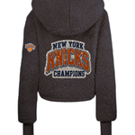 New York Knicks 2026 NBA Champions Bedazzled Remix Logo Cropped Sherpa Lounger Jacket - Black
