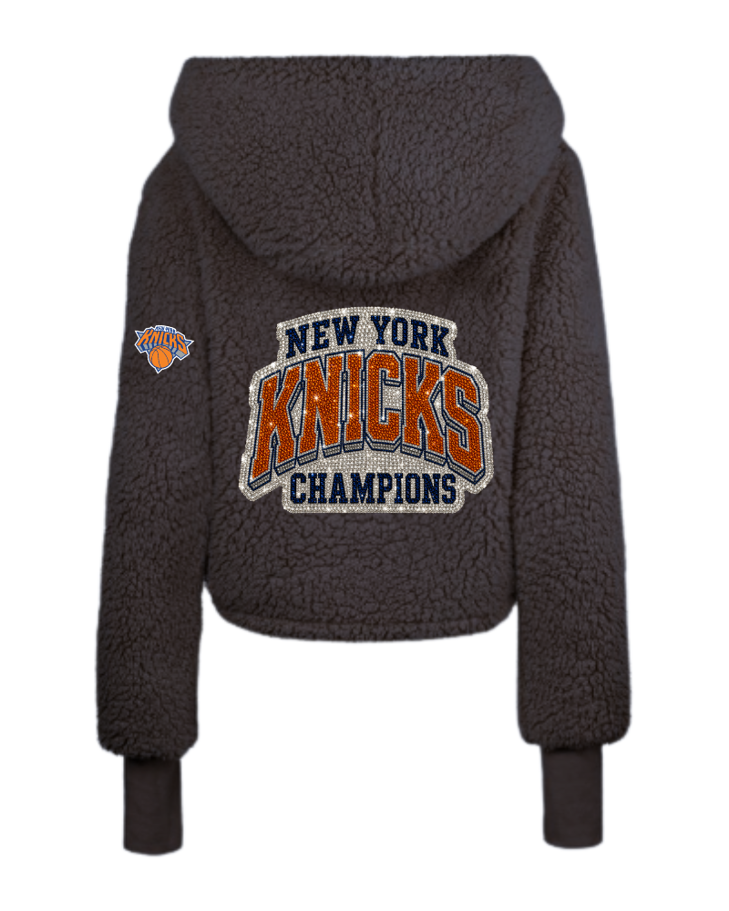 Black hoodie lounger with New York Knicks logo on the back