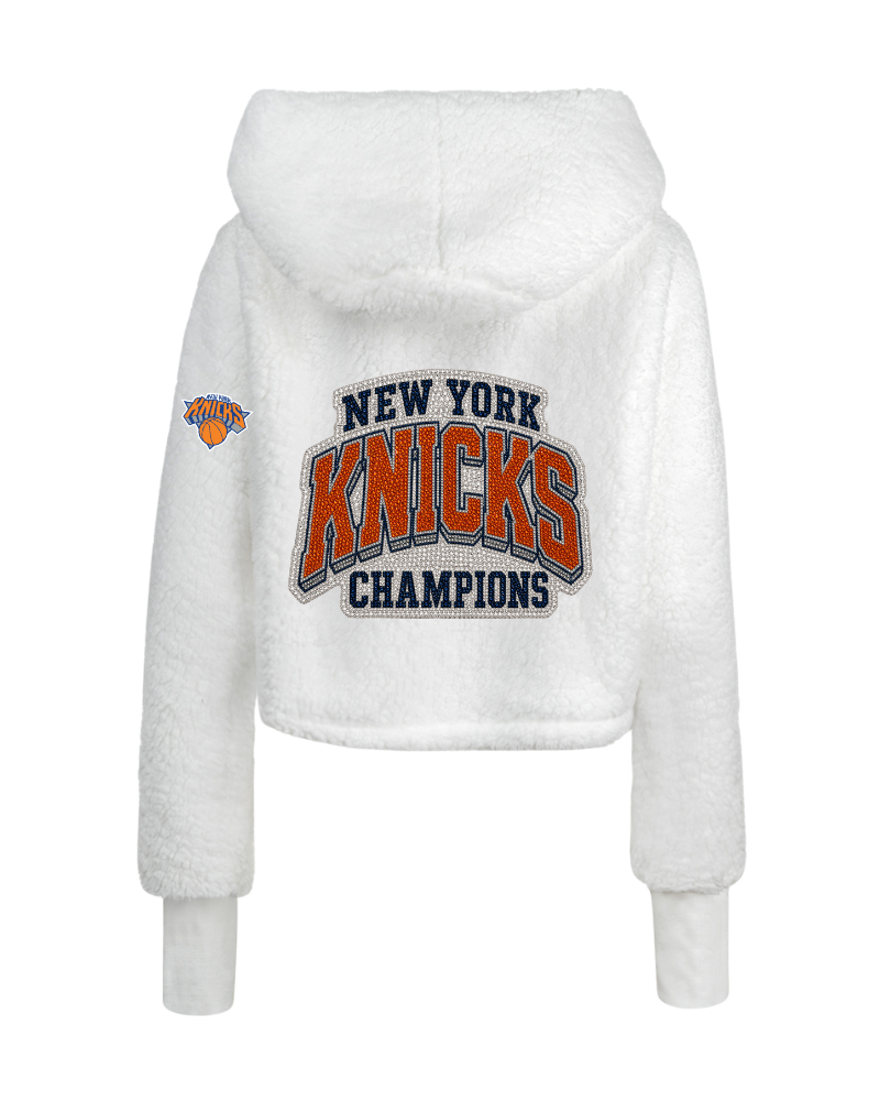 White hoodie with New York Knicks logo on a white background